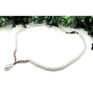 Elegant Faux Pearl Necklace With Pink and Clear Gemstone Accents with a Teardrop